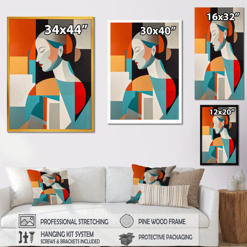 Portrait de femme Mid-Century sur toile, H 20 po x l 12 po x P 1 po