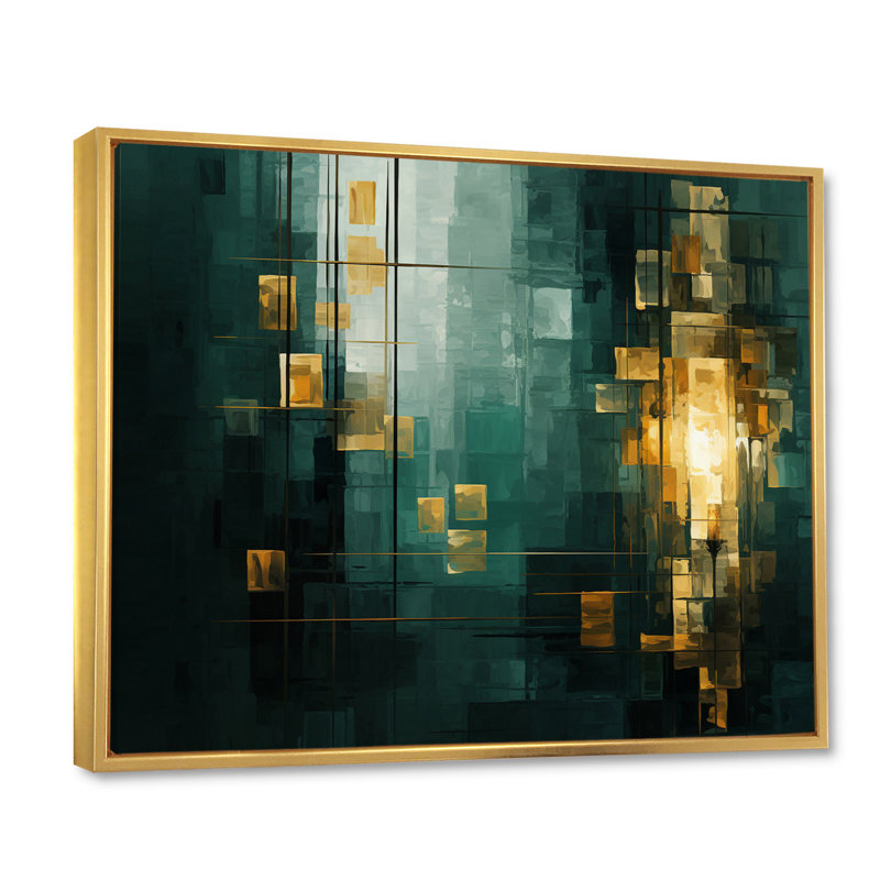 Sudden Serenity Abstract Teal And Gold I - Abstract Painting Wall Art Prints, H 34 po x l 44 po, Cadre flottant doré