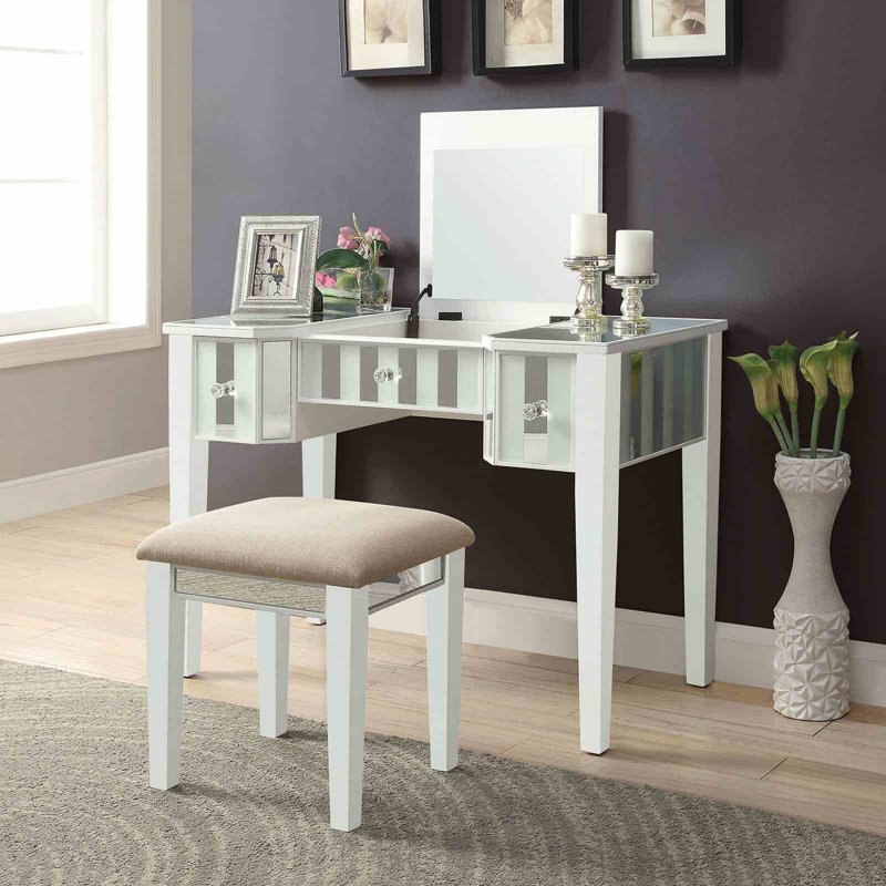 Ensemble coiffeuse avec tabouret et miroir Salyer, Blanc