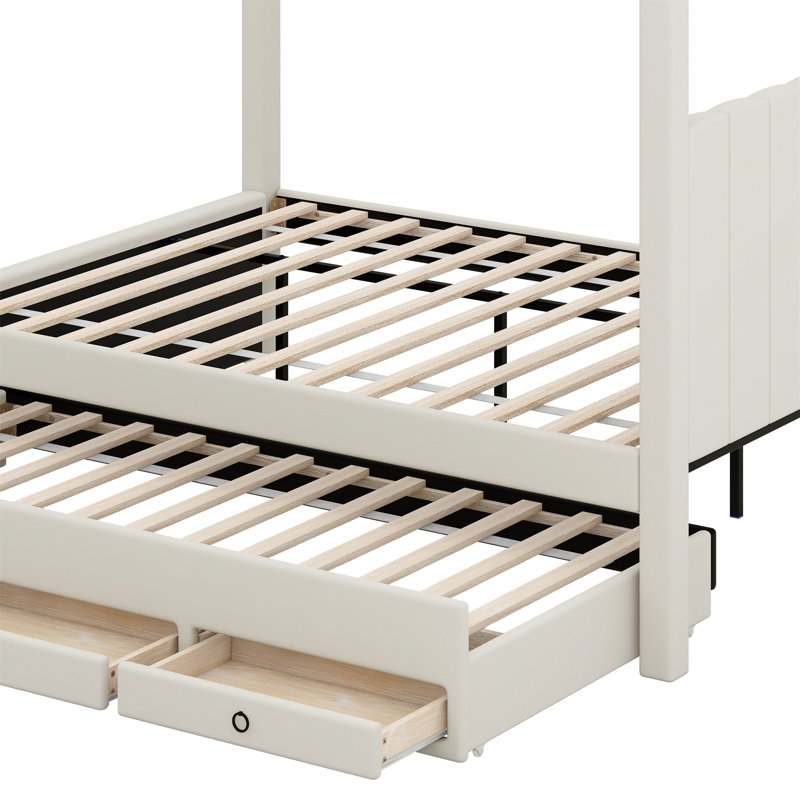 Lit à baldaquin avec rangement Mazion, Beige, Double