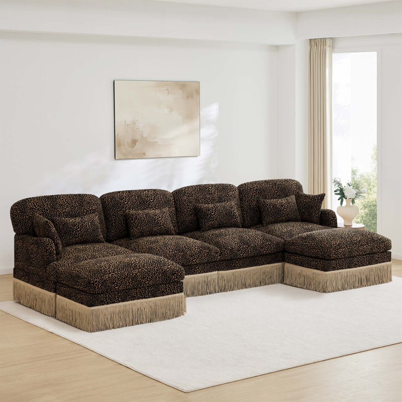 Canapé en U avec repose-pieds modulaire en chenille Comfy, Brown, 34.6" H x 131.5" W x 55.5" D
