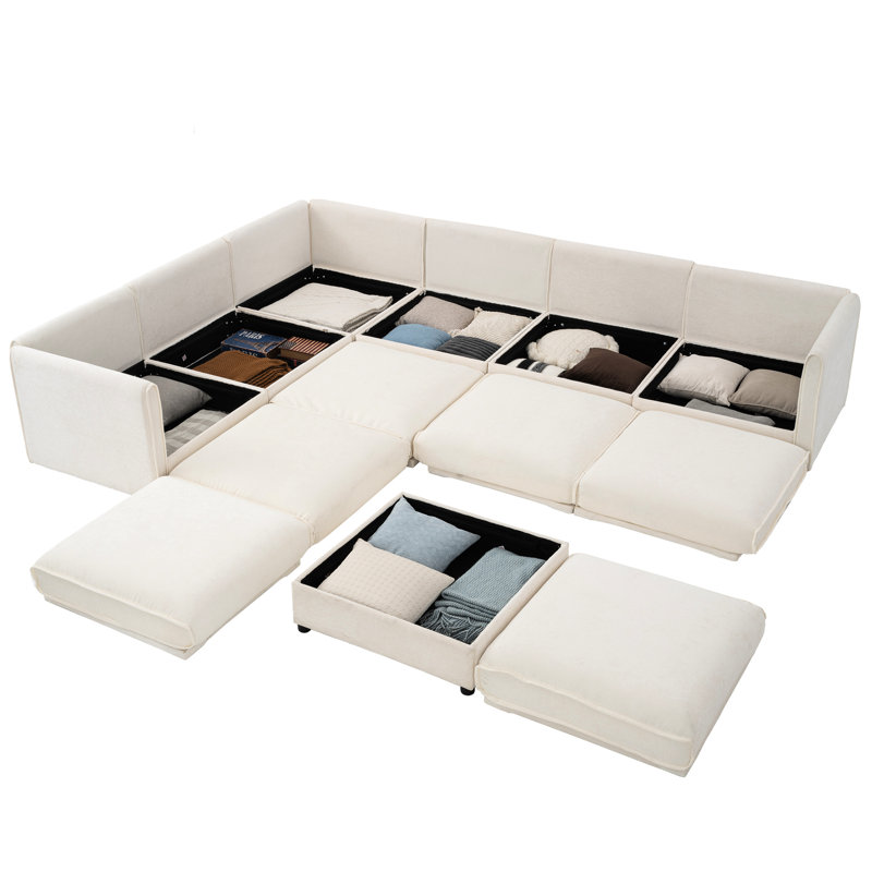 6 sections modulaires avec rangement, chenille blanche, cylindrique ergonomique et pour un salon fonctionnel - 6 sièges, rangement et