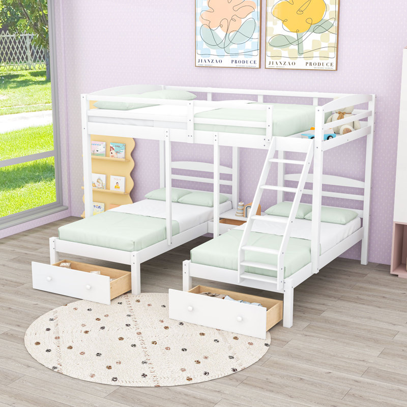 Lit superposé triple / quadruple en bois double avec 3 tiroirs avec tablettes et tablette, Lit simple, Blanc
