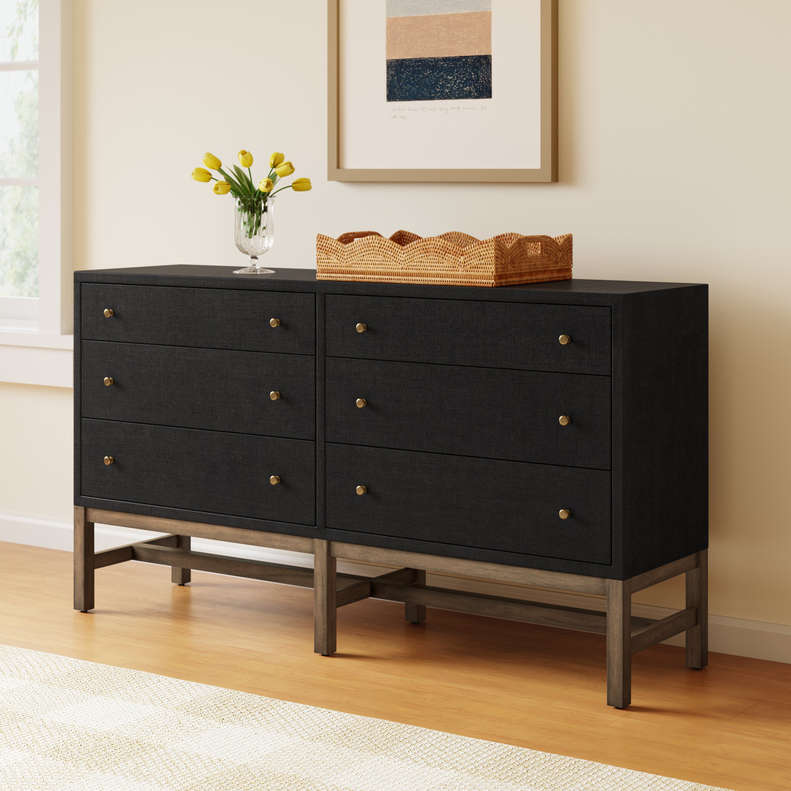 Hakana 6 Drawer Raffia Dresser, Black