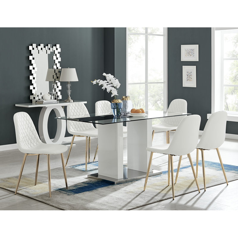 Ransart Modern Luxury Glass & Metal Dining Table Set With 6 Luxury Faux Leather Dining Chairs, White