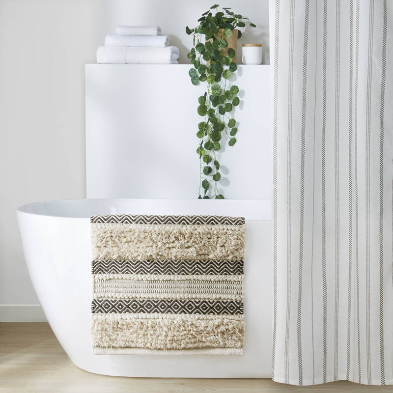 Nordic Shaggy Beige and Black Cotton Blend Bathroom Rug