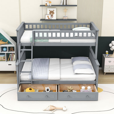 Lit superposé simple au-dessus de 2 tiroirs en bois 2 tiroirs avec échelle et garde-corps, convertible en 2 lits
