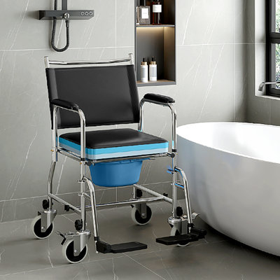 Rolling Shower Wheelchair, Bedside Commode Toilet Chair for Seniors