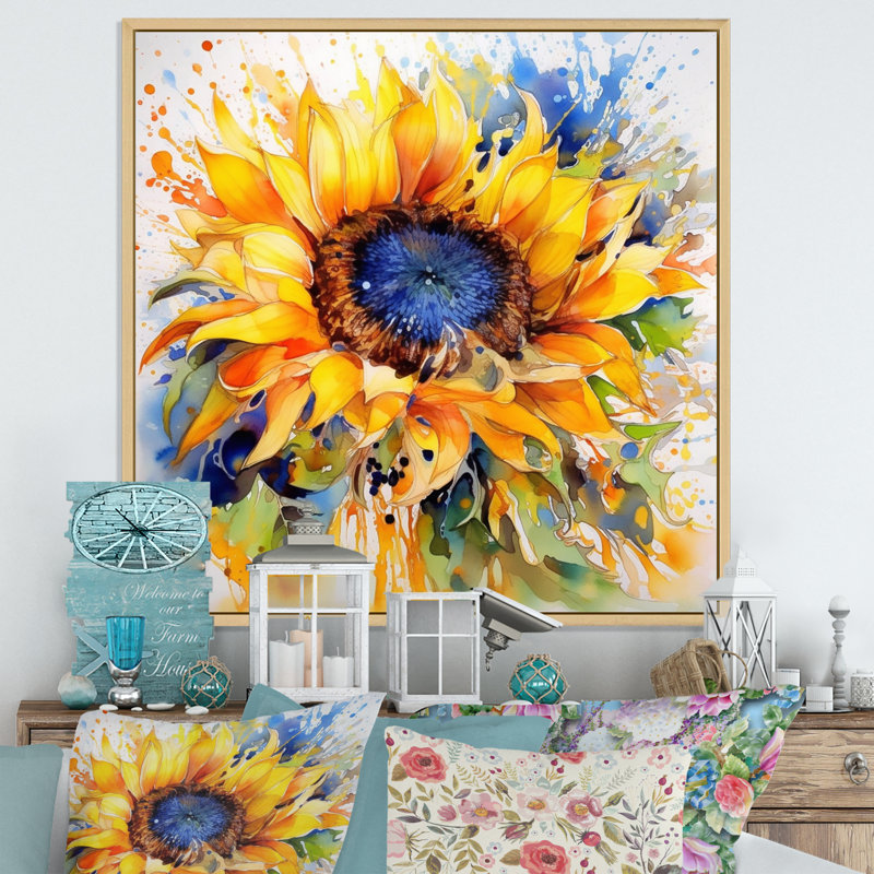 Jaune, bleu, doré, tournesols joyeux - art mural floral, H 36 po x l 36 po, Reproduction avec cadre flottant, Érable