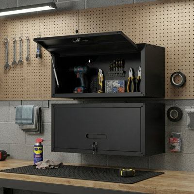 29.5'' W Wall-Mounted Metal Storage Cabinet with Lock, Heavy-Duty Floating Tool Chest with 150 lbs Capacity, 120° Hydraulic Lift Door & Steel Construction for Garage, Workshop, and Home, Black