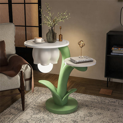 Round Flower Shaped End Table with Built-in LED Light, Modern Accent Side Table for Living Room, Bedroom, Office