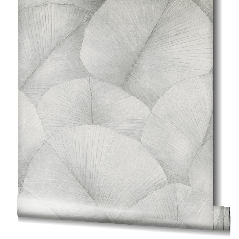 Kumano 3D Embossed Palm Leaf Wallpaper Roll, Gray
