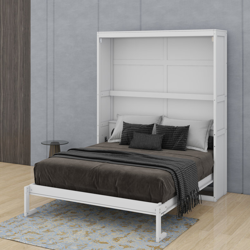 Grand lit escamotable avec tablettes, Blanc