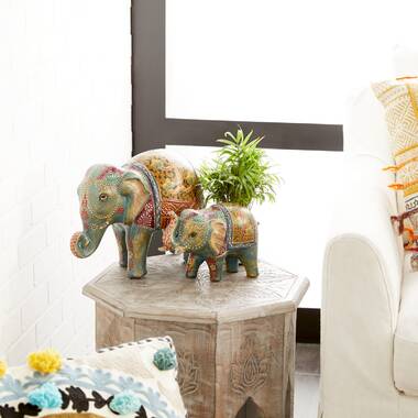 World Menagerie 2 Piece Koeppe Faux Wood Feng Shui Elephant with Trunk up  Figurine Set