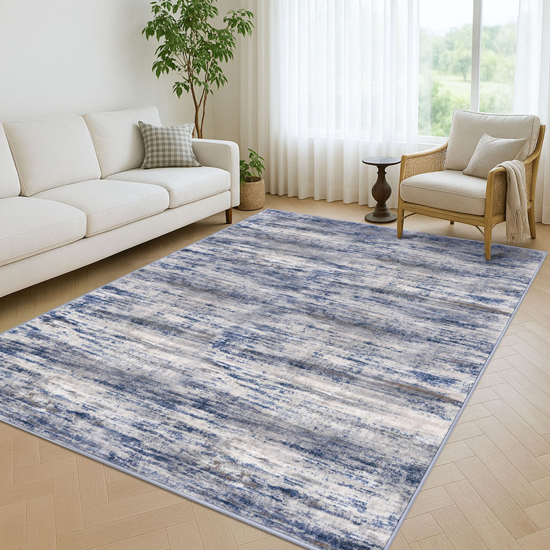 Machine Washable Rugs 6x9 Living Room Rug with Rubber Backing Pet Friendly Large Blue/Gray Area Rugs Indoor Carpet for Bedroom Office Dining Room