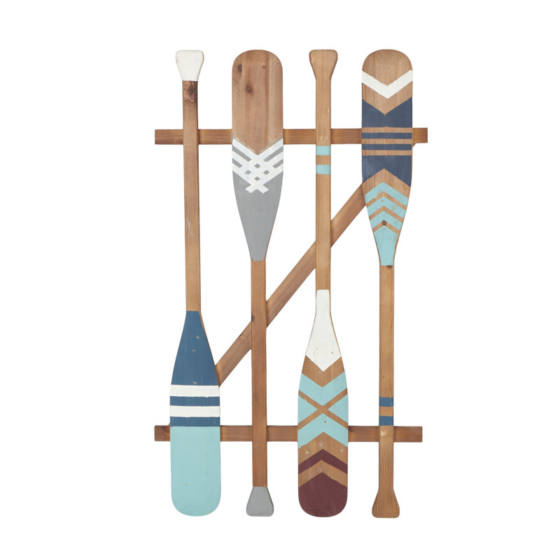 Wood Arrow and Stripe Patterned Paddle Home Wall Decor with Muted Blue Accents, Brown