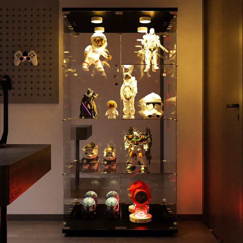Glass Display Cabinet with Mirrored Back Panel, Glass Display Cases with Shelves and LED Light, 2 Doors Curio Cabinets, Black