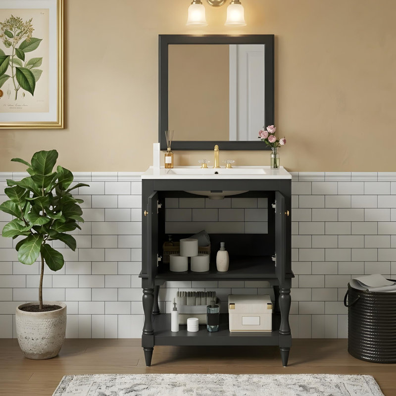 Meuble-lavabo de 24 po avec tablettes ouvertes et armoire avec portes, Noir