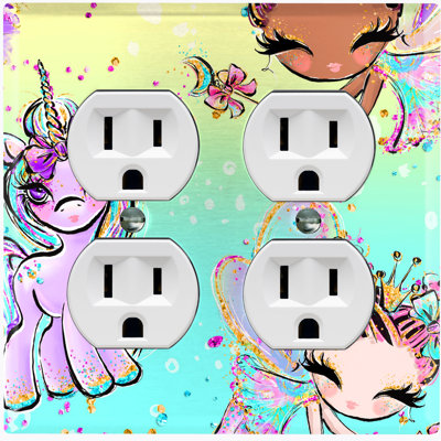 Metal Light Switch Plate Outlet Cover (Fairy Princesses Unicorn Teal Yellow  - Double Duplex)