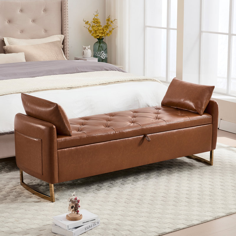 Banc de rangement rembourré 65 po avec deux coussins Soraiya, Brun