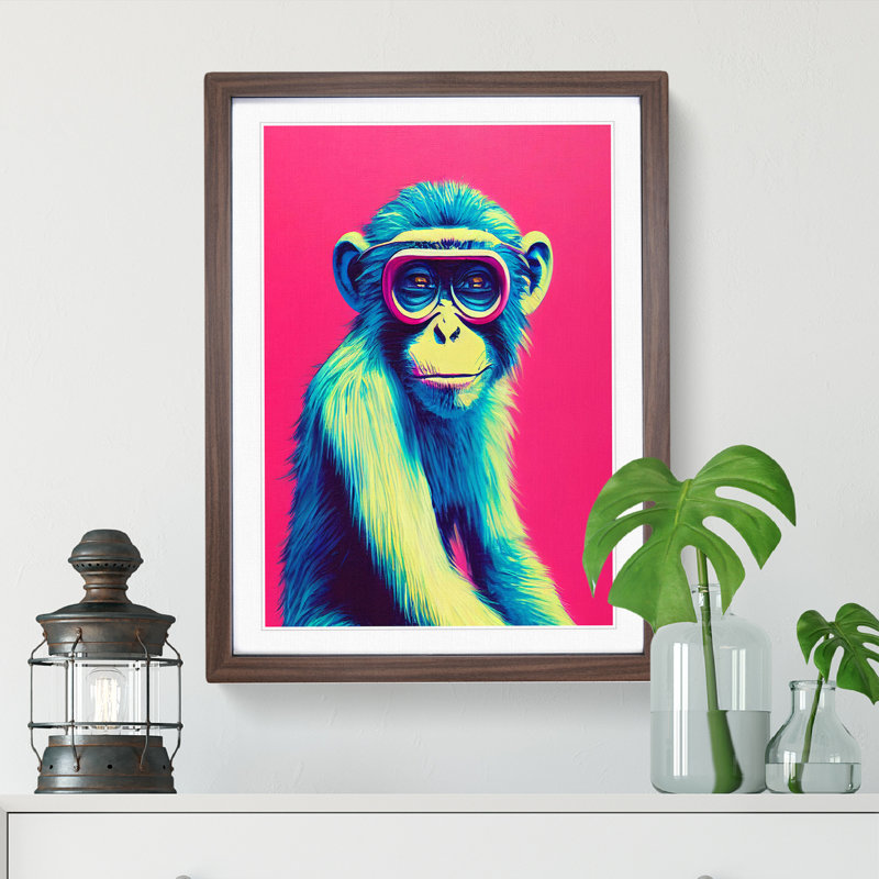 Colourful Monkey - Single Picture Frame Print, 46cm H x 34cm W x 2cm D, Walnut