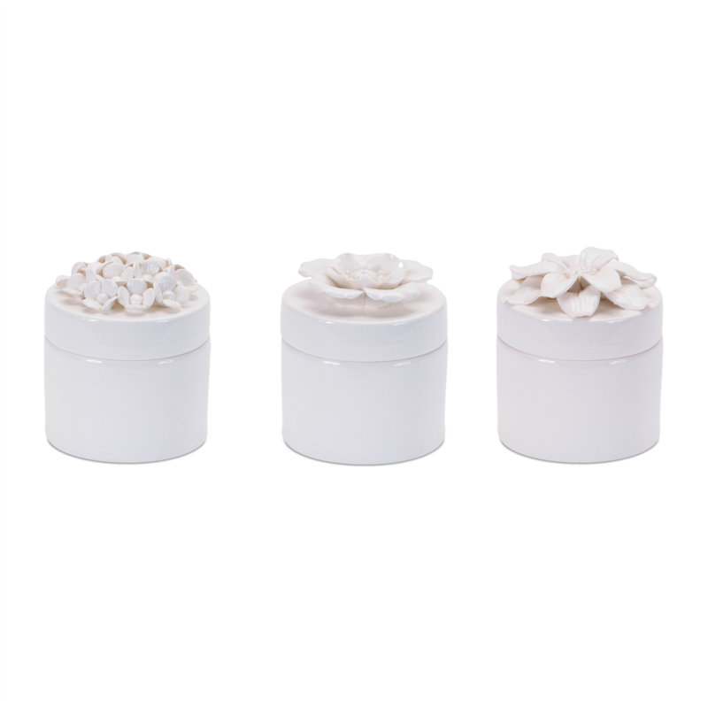 Normant Set of Three White Ceramic Flowers Decorative Keepsake Boxes