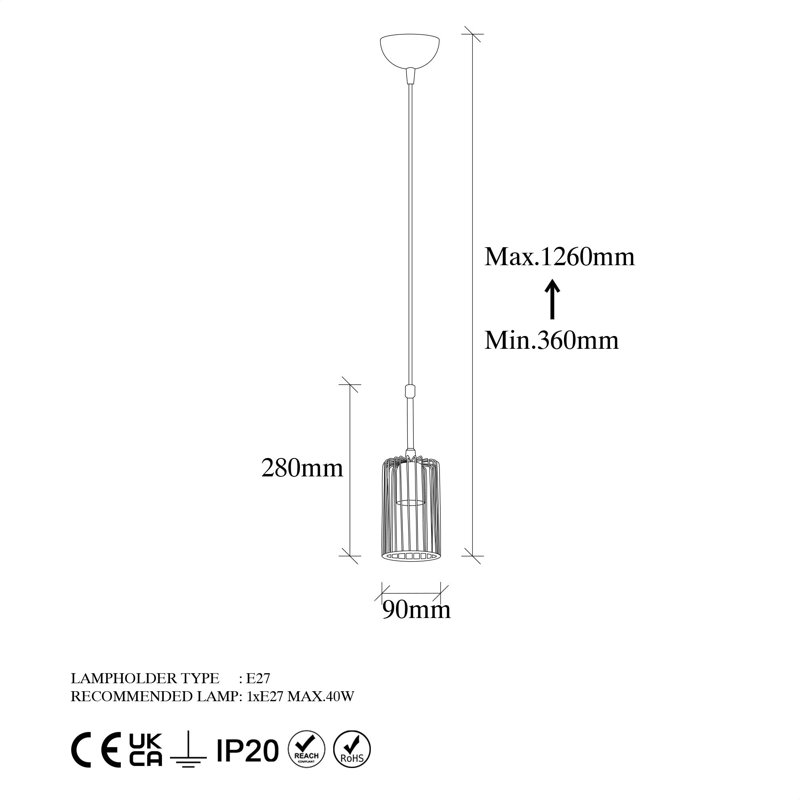 Luminaire suspendu cylindrique à 1 lumière