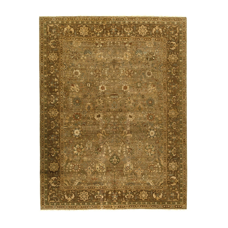 Tapis olive / brun / beige en laine noué à la main de conception unique 13 pi 9 po x 17 pi 11 po
