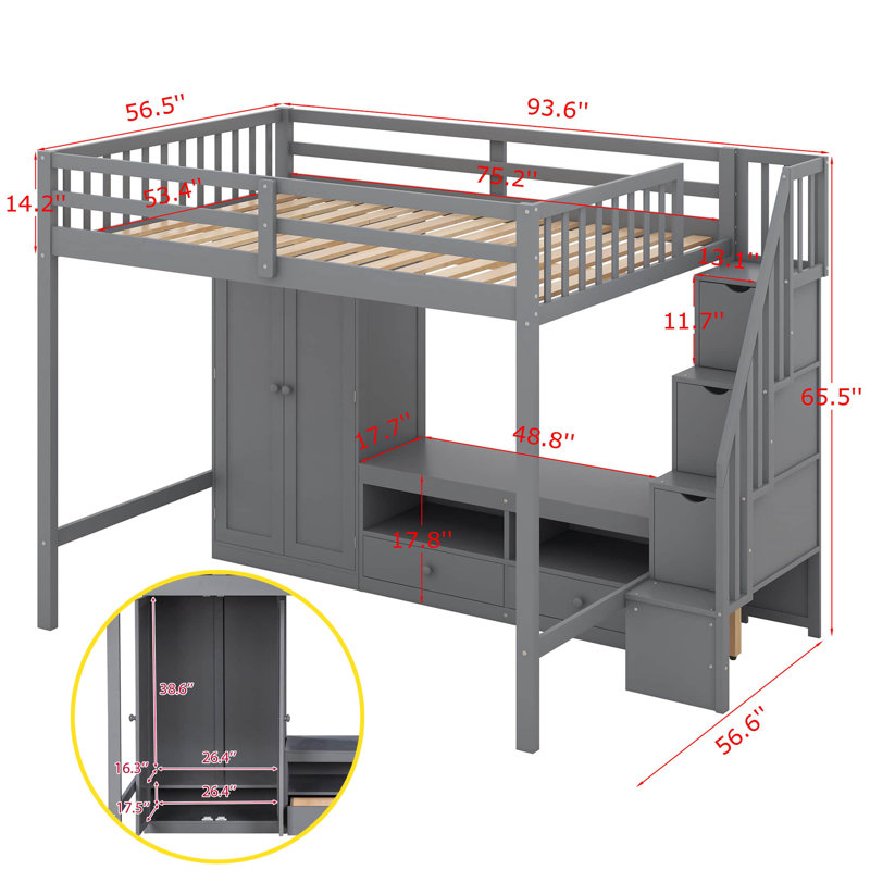 Full Size Loft Bed Frame With Wardrobe,Low Storage Table And Storage Staircase, Gray