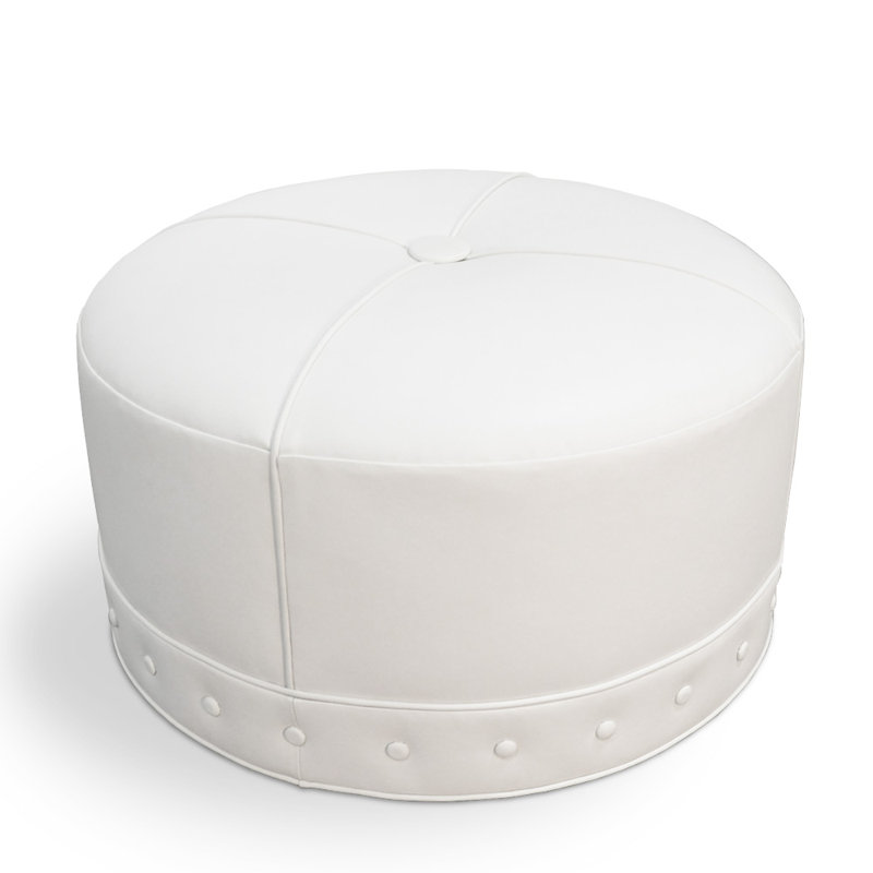 Round Ottoman, White Genuine Leather