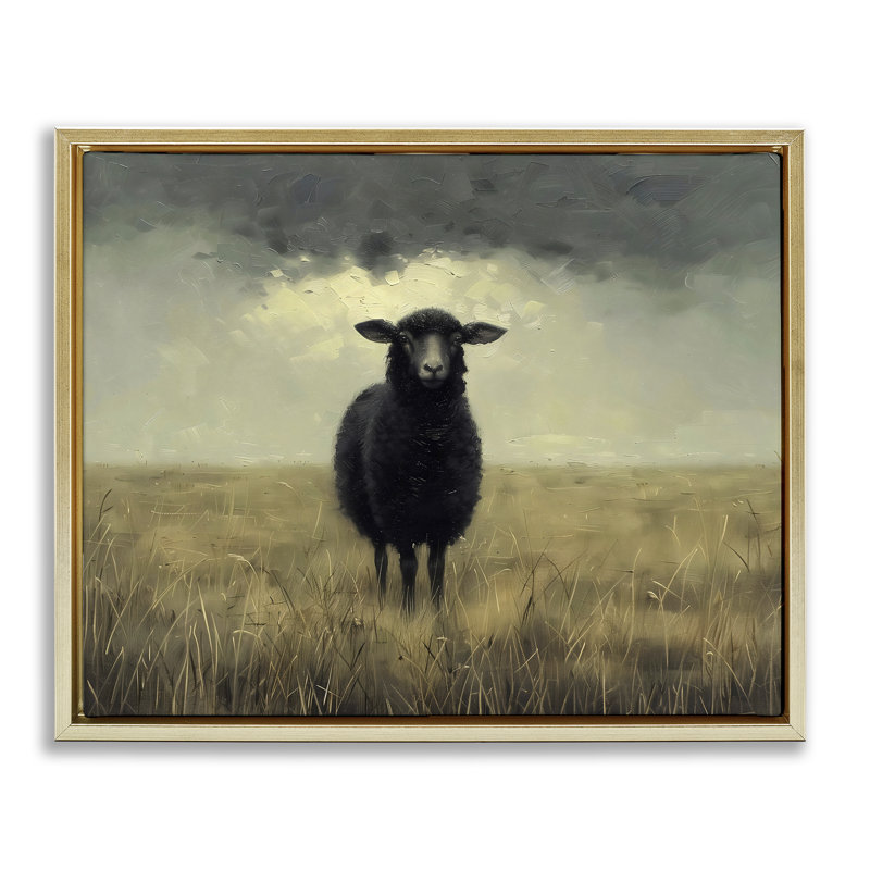 Mouton noir dans un cadre flottant, conçu par Arlington Prints, H 25 po x l 31 po, Cadre flottant métallique doré