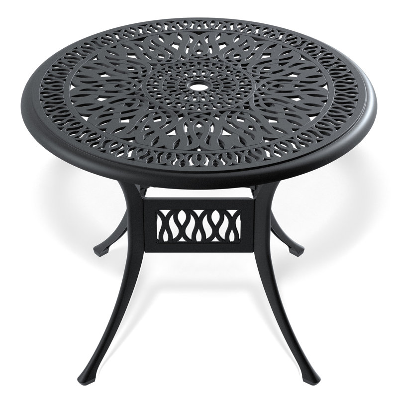 Table de salle à manger de patio en fonte d'aluminium de 34,44 pouces avec structure noire et trou pour parasol - Rouille, espace, confortable