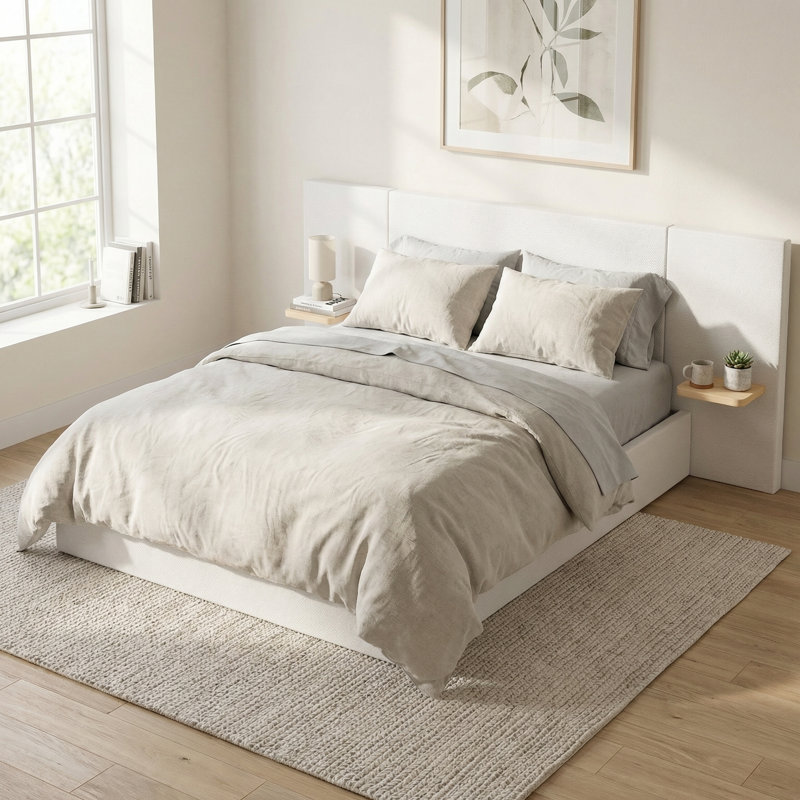 Upholstered Platform Bed Frame with 2 Floating Shelves, King