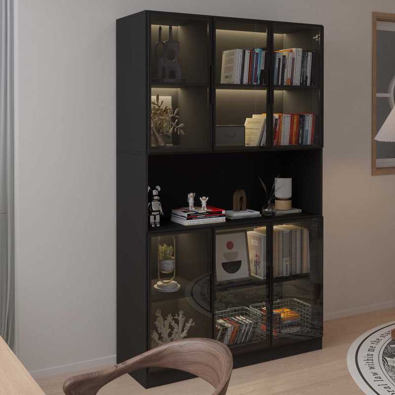 78.7 "H Display Cabinet with LED light, Bookcase with Glass Doors, Black