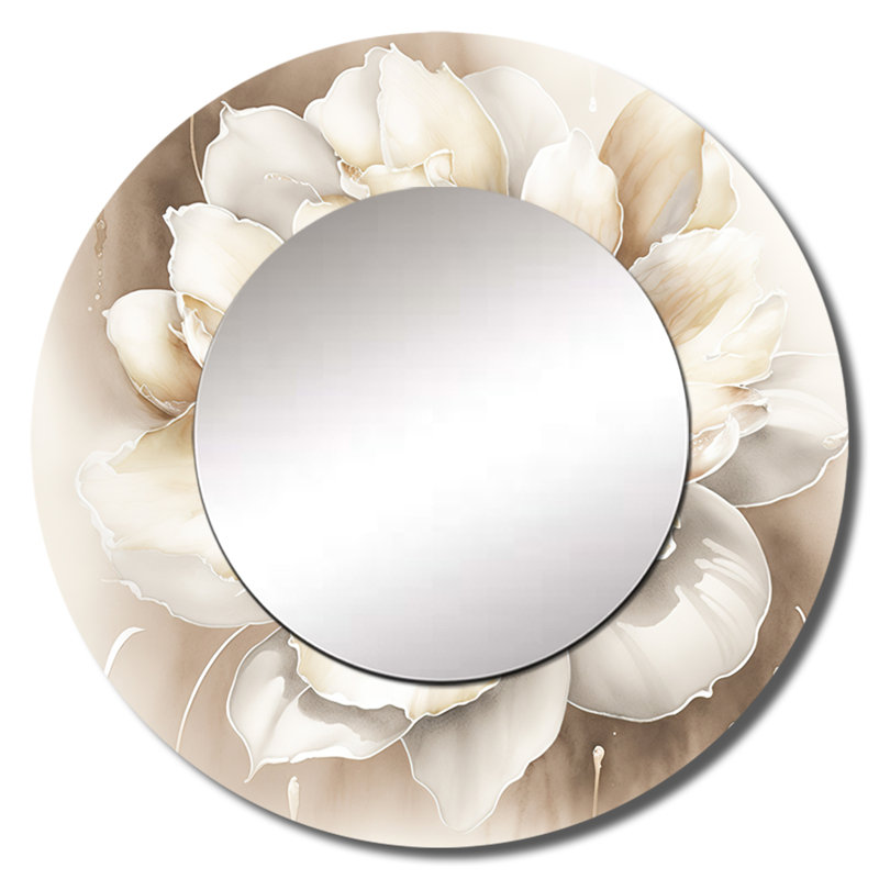 Grayton Single Beige Flower II - Floral Unique Wall Mirror, Beige Round Mirror, Printed Metal Art, 23" x 23"