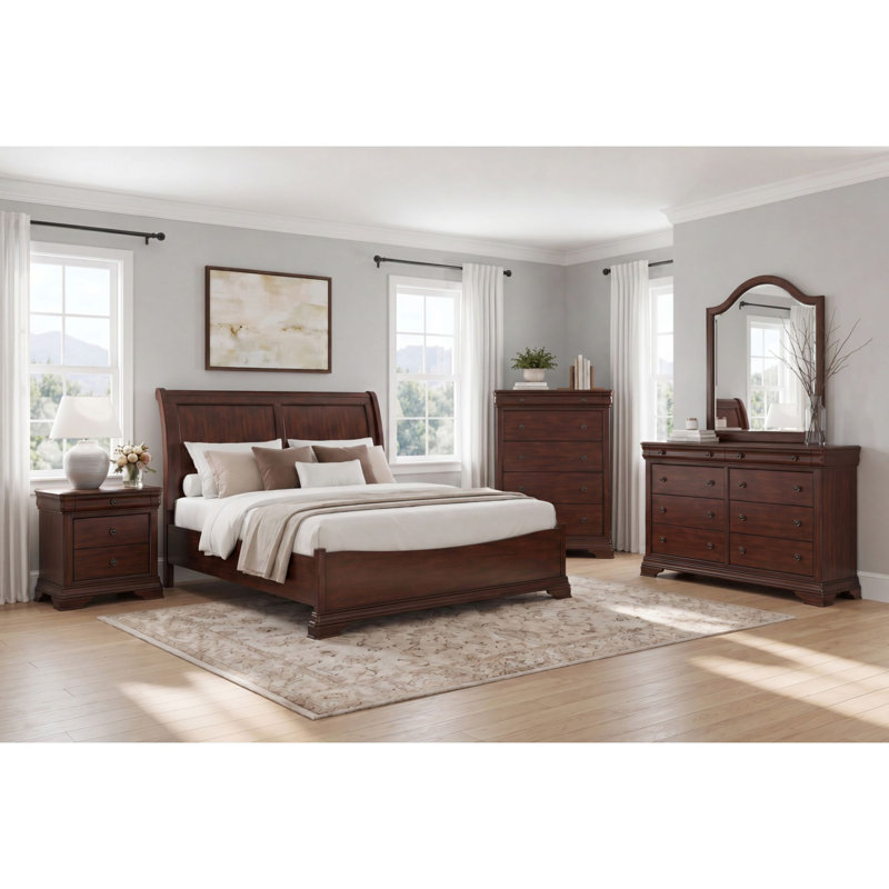 Ensemble de chambre à coucher Glispy, 5 Pcs: Bed, Dresser, Mirror, Chest, Nightstand, Très grand lit