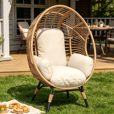 Fauteuil à œufs pour l'extérieur avec pieds, fauteuil pour patio en osier avec coussin et fauteuil en rotin PE avec structure en acier pour balcon de jardin, tissage naturel et radiant