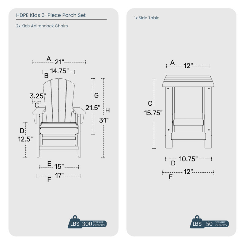 Laguna Kids Outdoor Poly Adirondack Chair With Side Table 3-Piece Set, Navy Blue