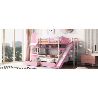 Pink Bunk Bed With Style, 3 Shelves, And Slide - Solid Pinewood Frame, Stable , No Box Spring Required Slide, Drawers, Shelves Construction, Natural Wood Grain, Suitable For Bedroom Design