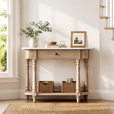 Narrow Console Table with Curved Corner, Retro Entryway Table with Top Drawer and Open Shelf, Sofa Table Console Tables for Entryway, Hallway and Living Room