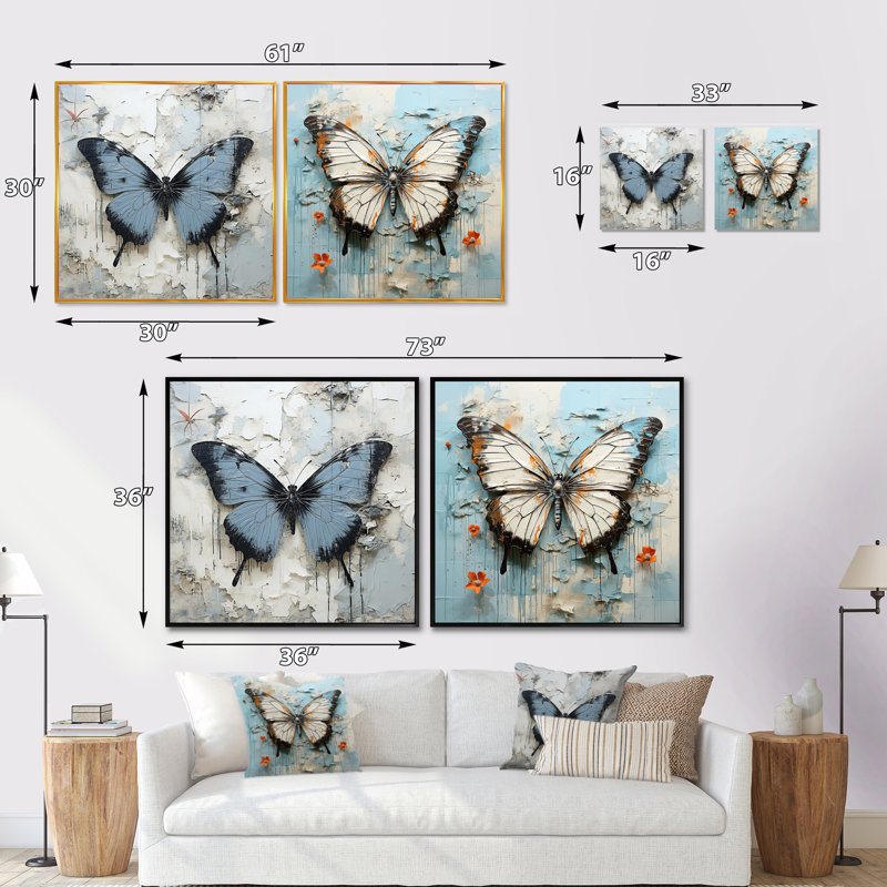 Urban Butterflies Graffiti Accents - Ensemble de 2 insectes et insectes carrés, Cadre flottant noir, H 16 po x l 33 po