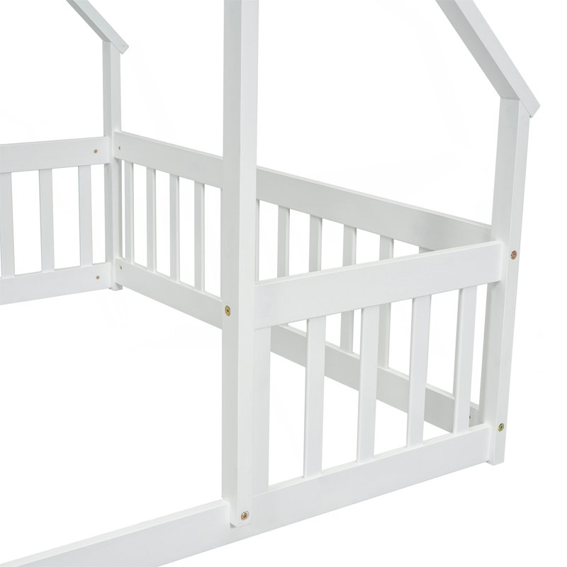 Lit double en bois en forme de maison avec clôture, garde-corps, Blanc, Double