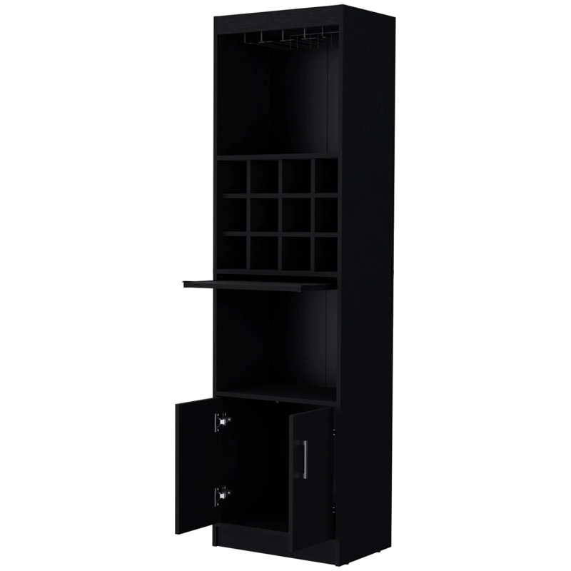 Black Wine Shelf Cabinet - Engineered Wood, 2 Doors, 71.1X20x13.3 Inches, 15 Shelves Bar For Entertainer's Home In, Black