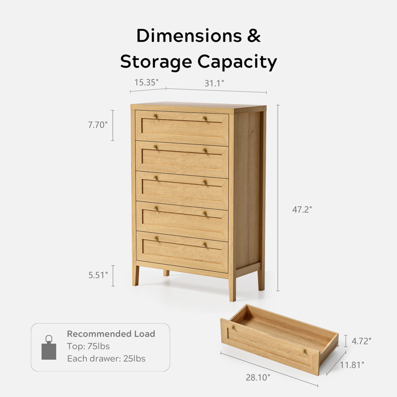 5 Drawer Dresser For Bedroom Living Room, Natural Oak