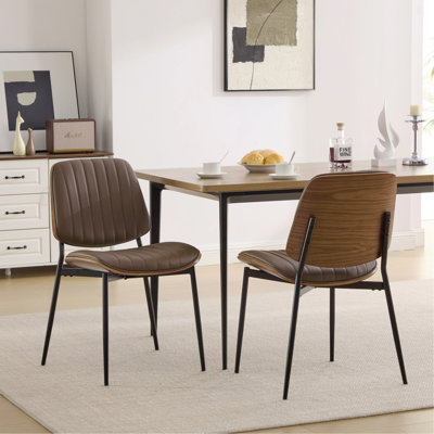 Dining Chairs Set Of 2 Mid Century Modern Retro Faux Leather Chair With Walnut Bentwood Back Upholstered Seat Metal Legs Adjustable Foot For Kitchen Dining Room Chairs(Brown Pu)