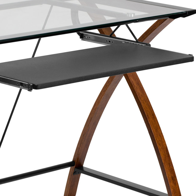 Glass Computer Desk with Pull-Out Keyboard Tray and Crisscross Frame, Clear/Wood Grain