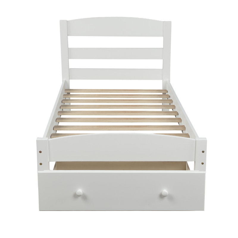 Structure de lit plateforme simple avec tiroir de rangement et support en lattes de bois sans sommier, blanc
