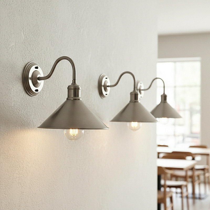 Shaliqua Industrial Armed Wall Sconce — Vintage Industrial Cone Shade, E27 Compatible., Satin Nickel