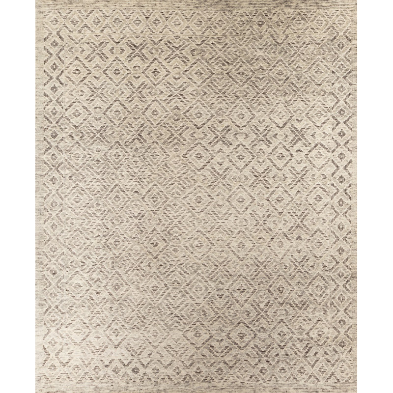 Geometric Hand-Knotted Wool Cream Area Rug, Rectangle 10' x 14'