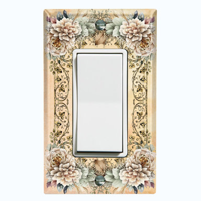 Metal Light Switch Plate Outlet Cover (White Flower Frame Beige - Single Rocker)
